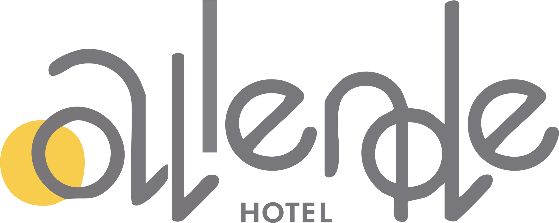 A logo for a hotel with a yellow circle in the middle.