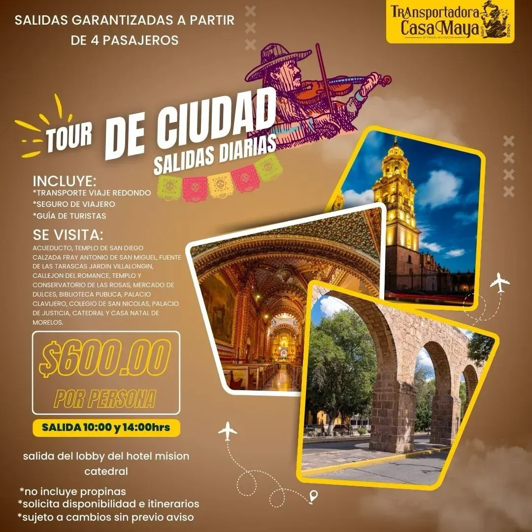 Un cartel para un recorrido por la ciudad con un violinista y una torre de reloj.