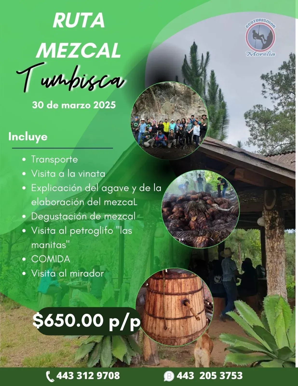 Un cartel verde con una imagen de un grupo de personas y un barril de madera encima.