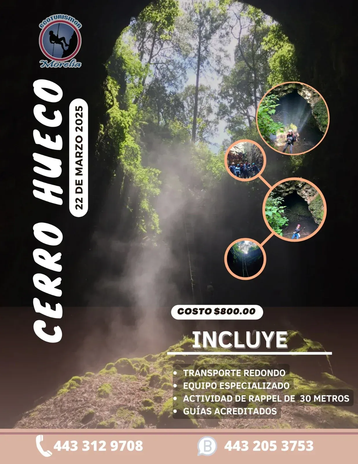 Un cartel de Cerro Hueco con una imagen de una cueva en medio de un bosque.