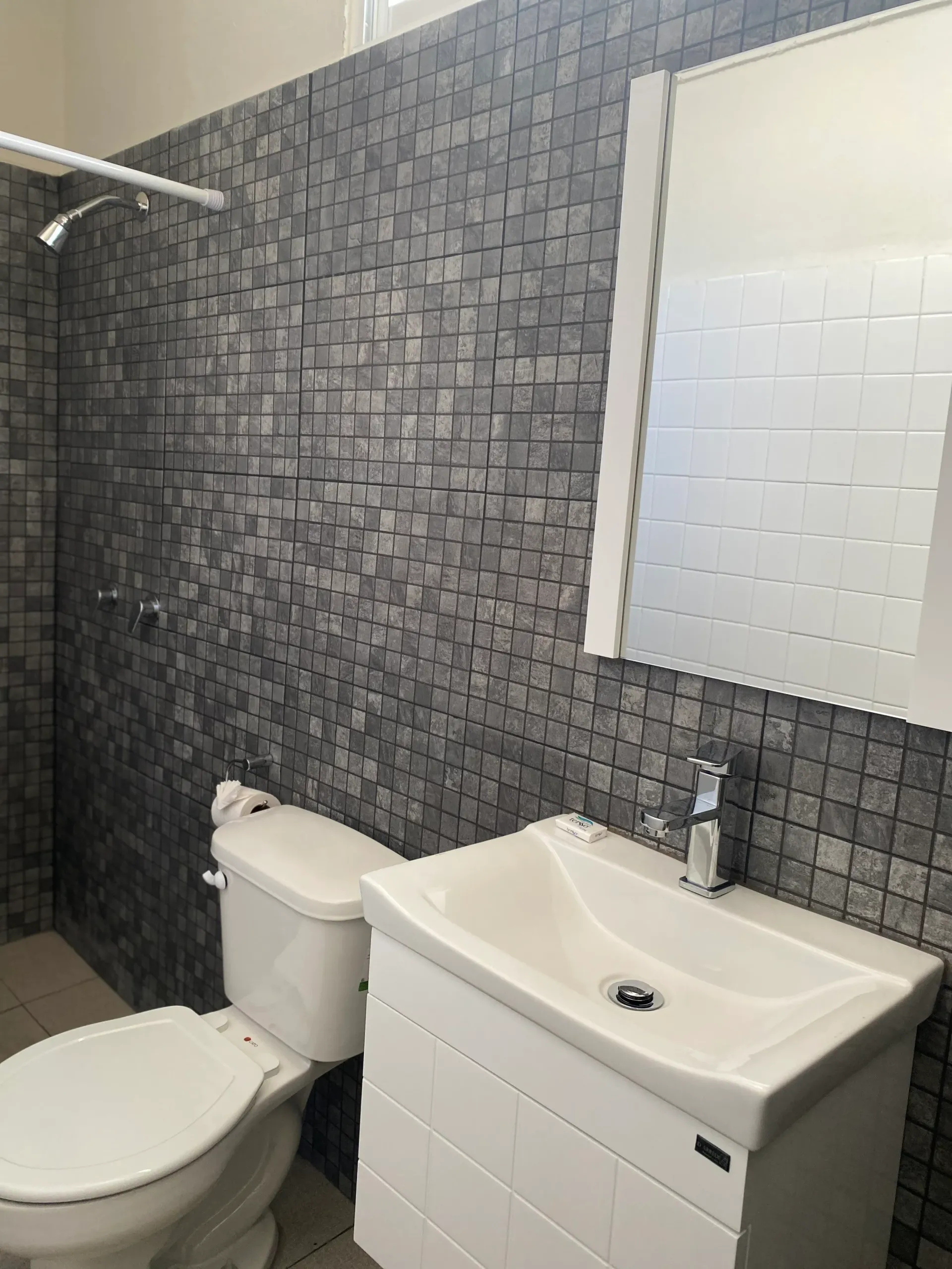 A bathroom with a toilet , sink , mirror and shower.