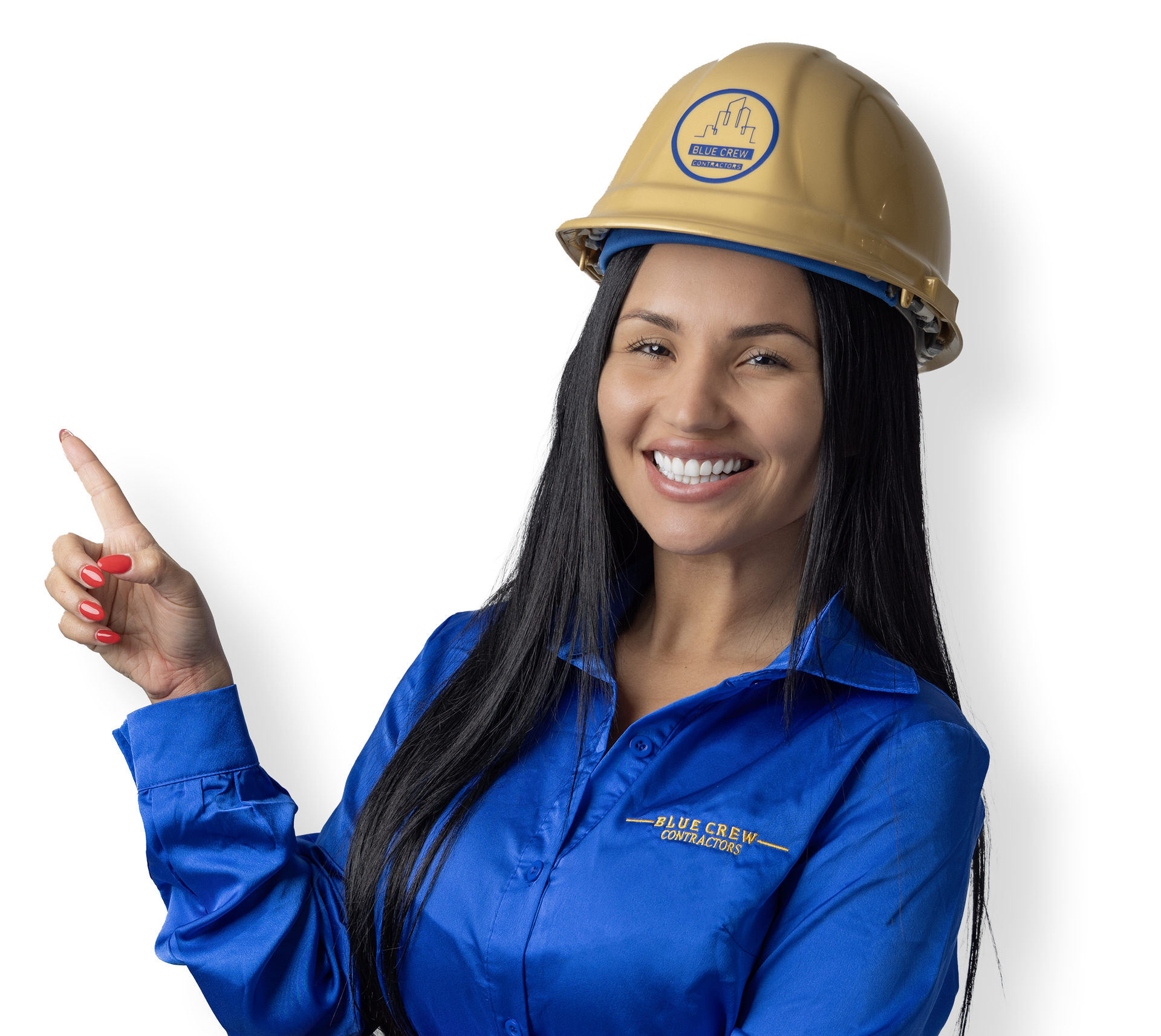A woman wearing a hard hat and a blue shirt is pointing