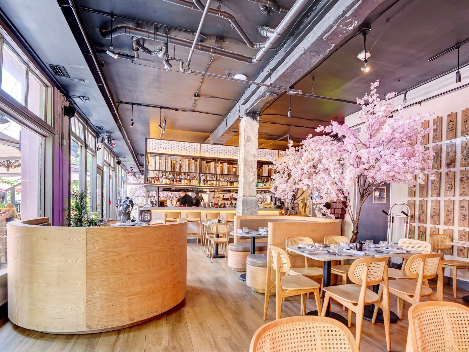 A restaurant with tables and chairs and cherry blossom trees in the background.