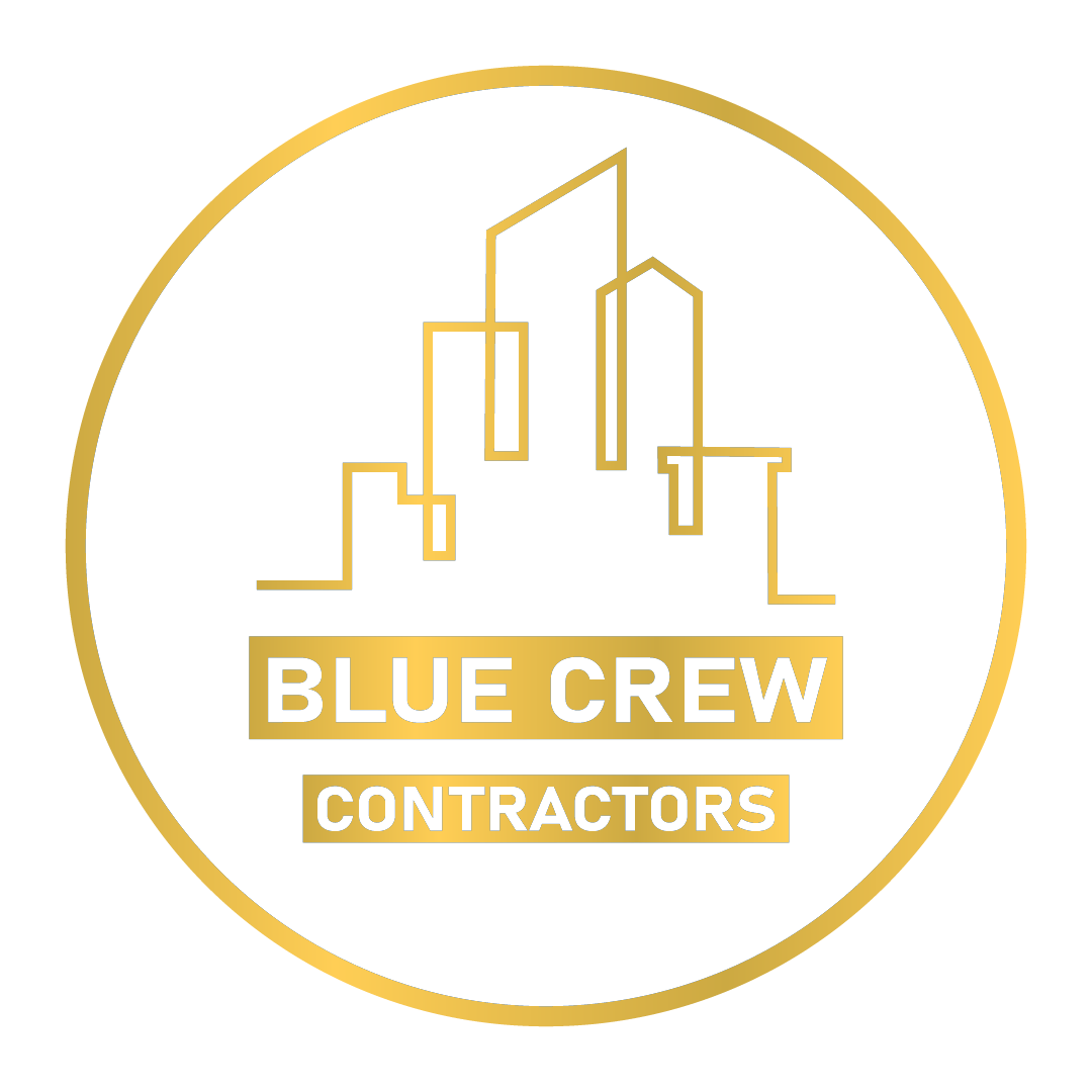 The logo for blue crew contractors is a gold circle with buildings in it.