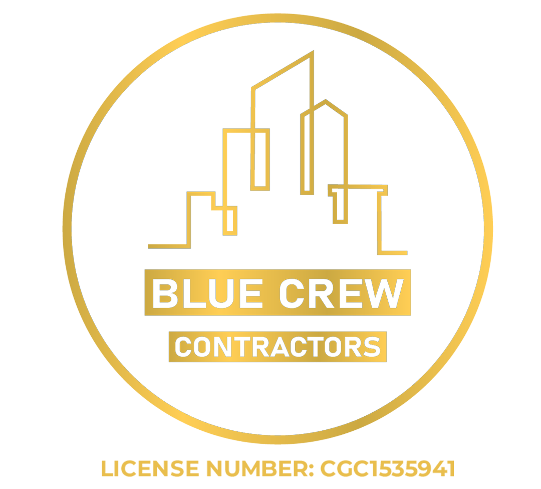 The logo for blue crew contractors is a gold circle with buildings in it.