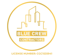 The logo for blue crew contractors is a gold circle with buildings in it.