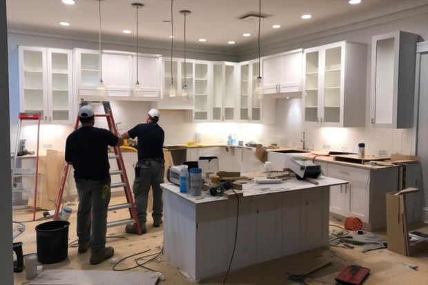 Two men are working on a kitchen in a house under construction.