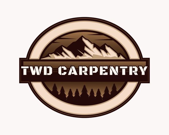 Logo: TWD Carpentry, mountains, pine trees, and a circular design with brown and beige colors.