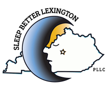 A logo for sleep better lexington with a sleeping person on a crescent moon