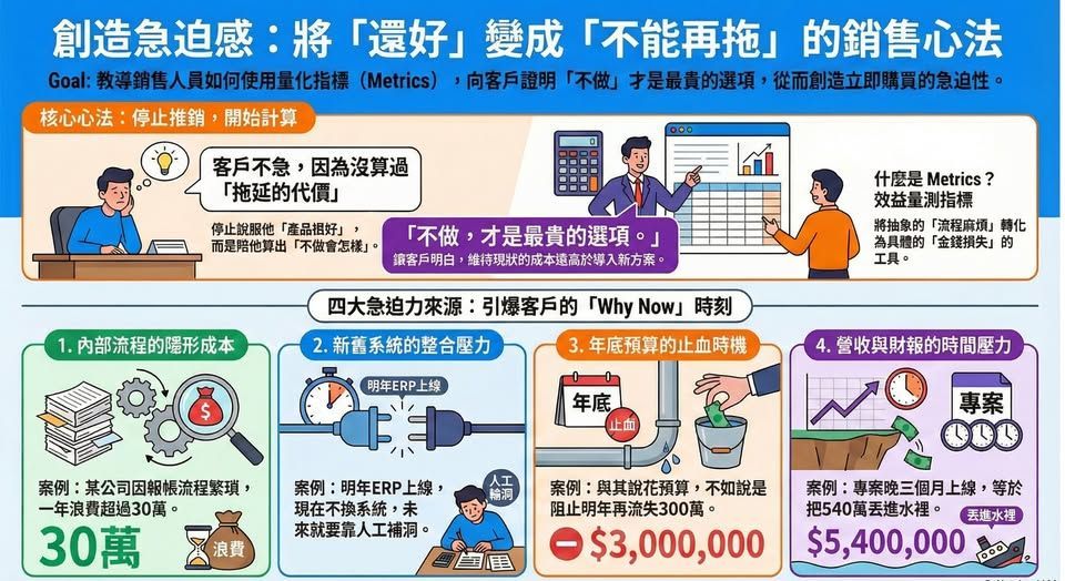 資訊圖呈現企業不改善流程所造成的隱性成本與急迫力來源，包含流程浪費、人工作業錯誤、報帳延遲、ERP 整合壓力與年度預算流失；強調透過 Metrics 量化後可看見每年持續出血的成本，突顯「拖一天就多燒