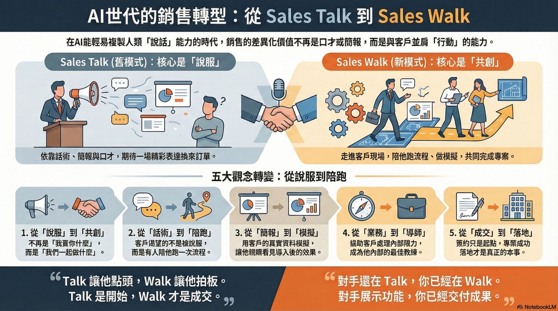 AI 時代銷售轉型示意圖,對比 Sales Talk 與 Sales Walk,說明從話術說服轉向陪客戶共創與實際交付成果。