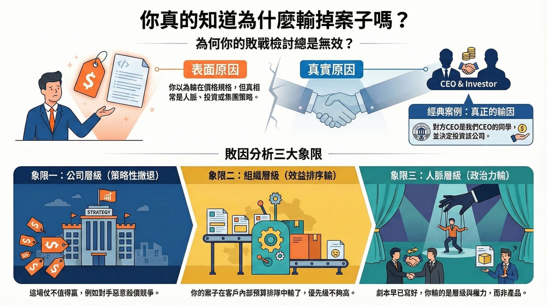 業務敗戰真正原因解析圖，對比表面原因與真實原因，說明公司策略、組織效益排序與人脈政治力三大敗因象限