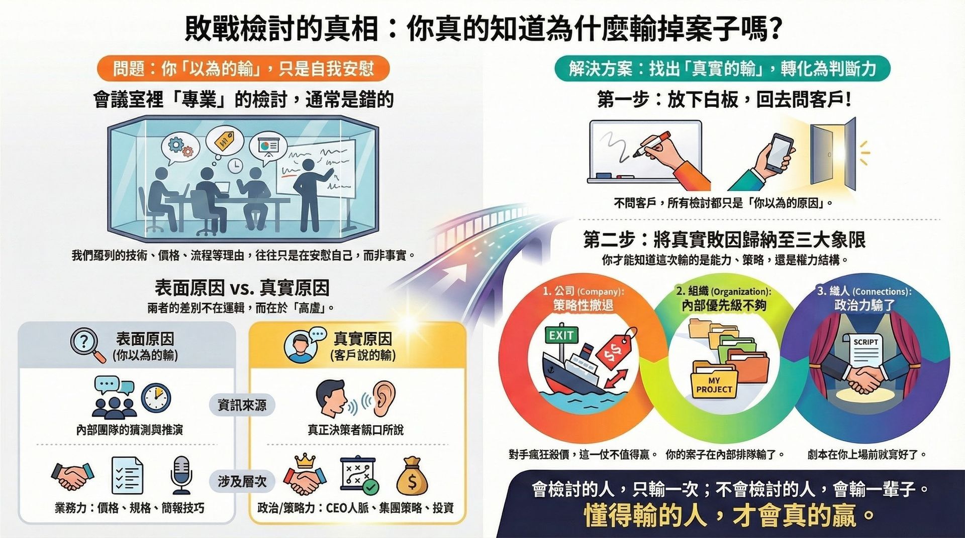 敗戰檢討流程示意圖，從會議室假設到回問客戶，將輸案原因歸納為公司、組織與人脈層級，建立正確判斷力