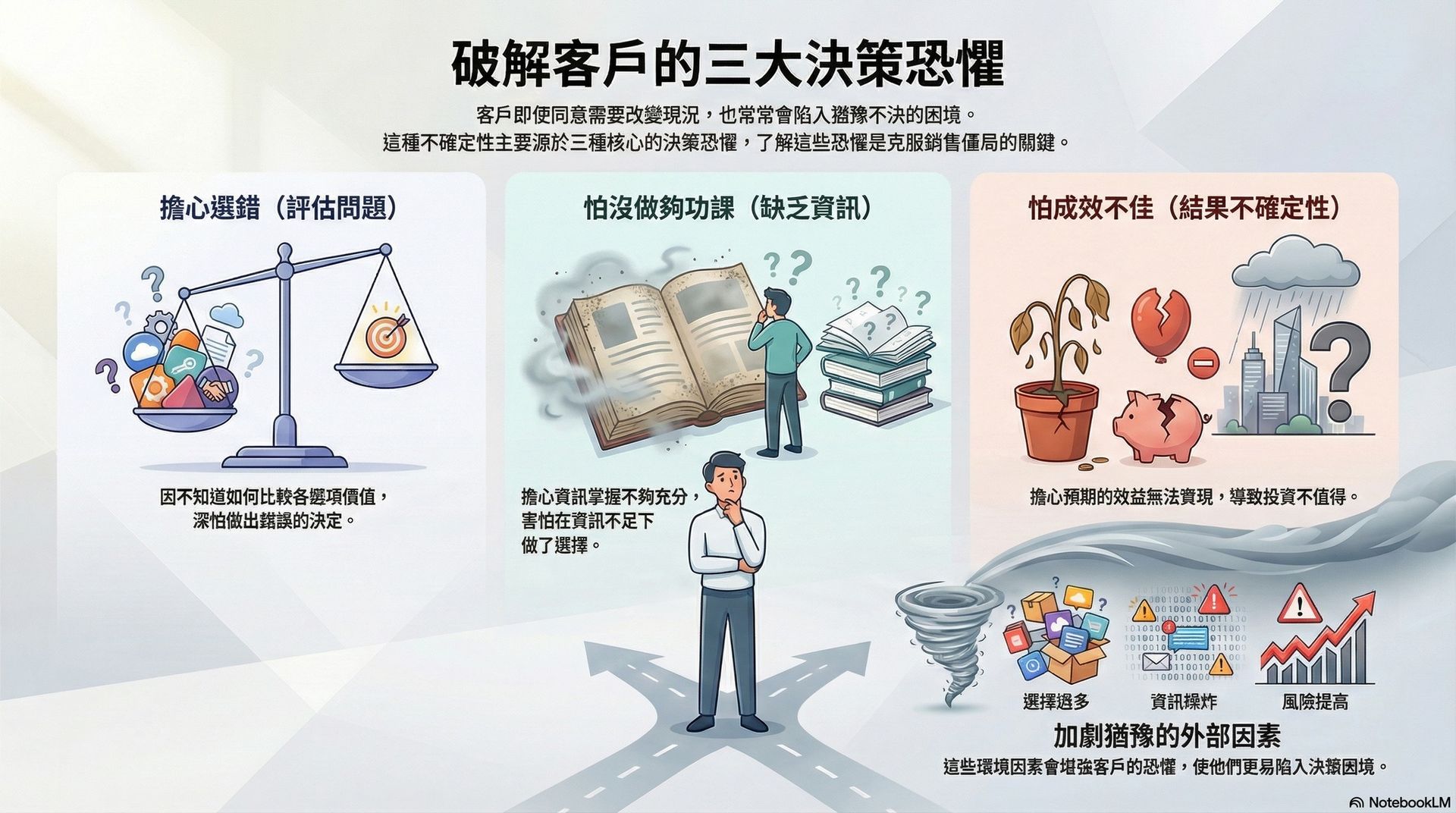 破解除客戶三大決策恐懼:評估選錯、資訊不足、成果不確定,說明為何客戶猶豫不決導致滑單發生