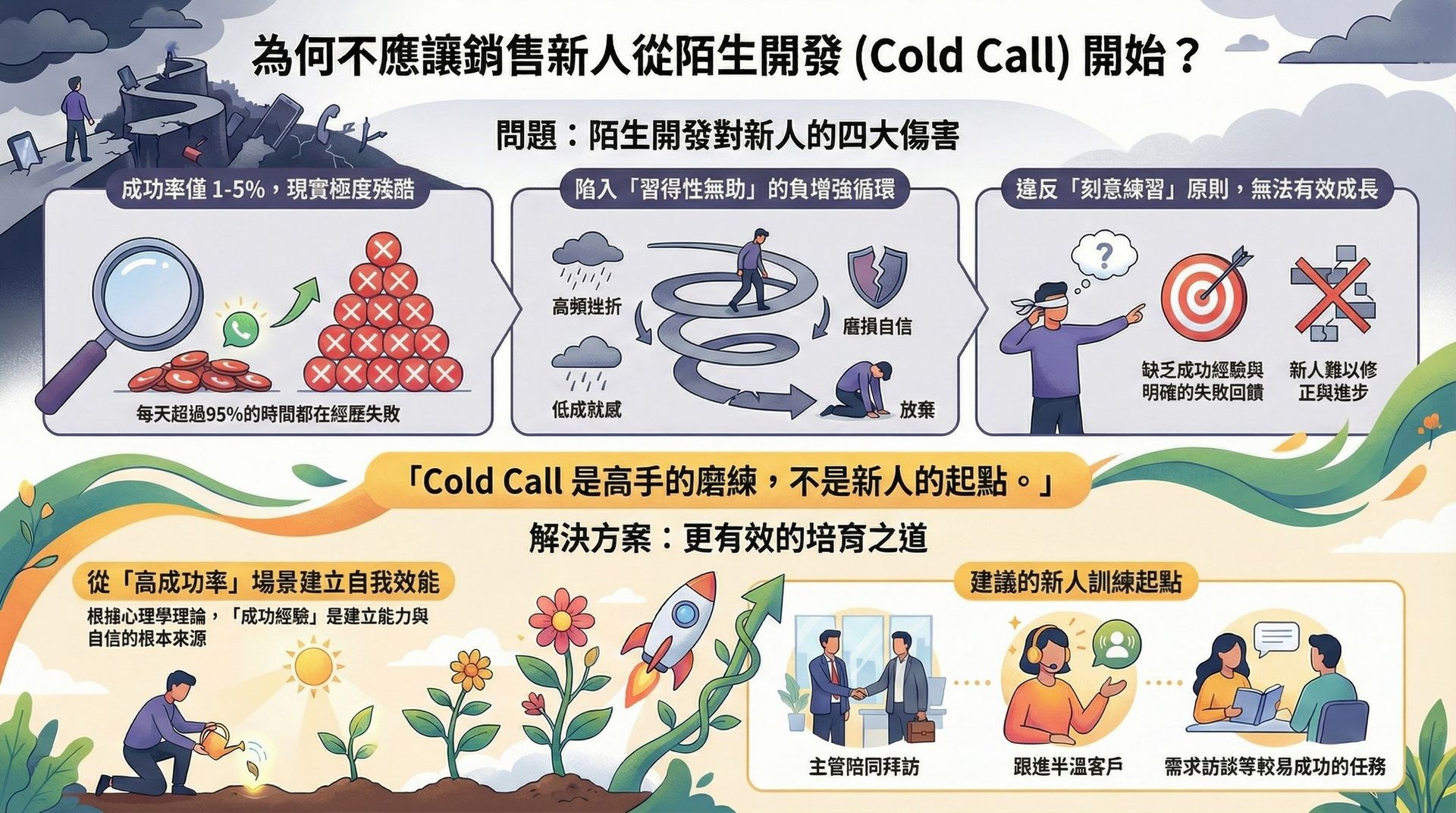 說明為何不建議新人從 Cold Call 開始，比較陌生開發的高挫敗循環，與以高成功率場景培養銷售能力的訓練路徑