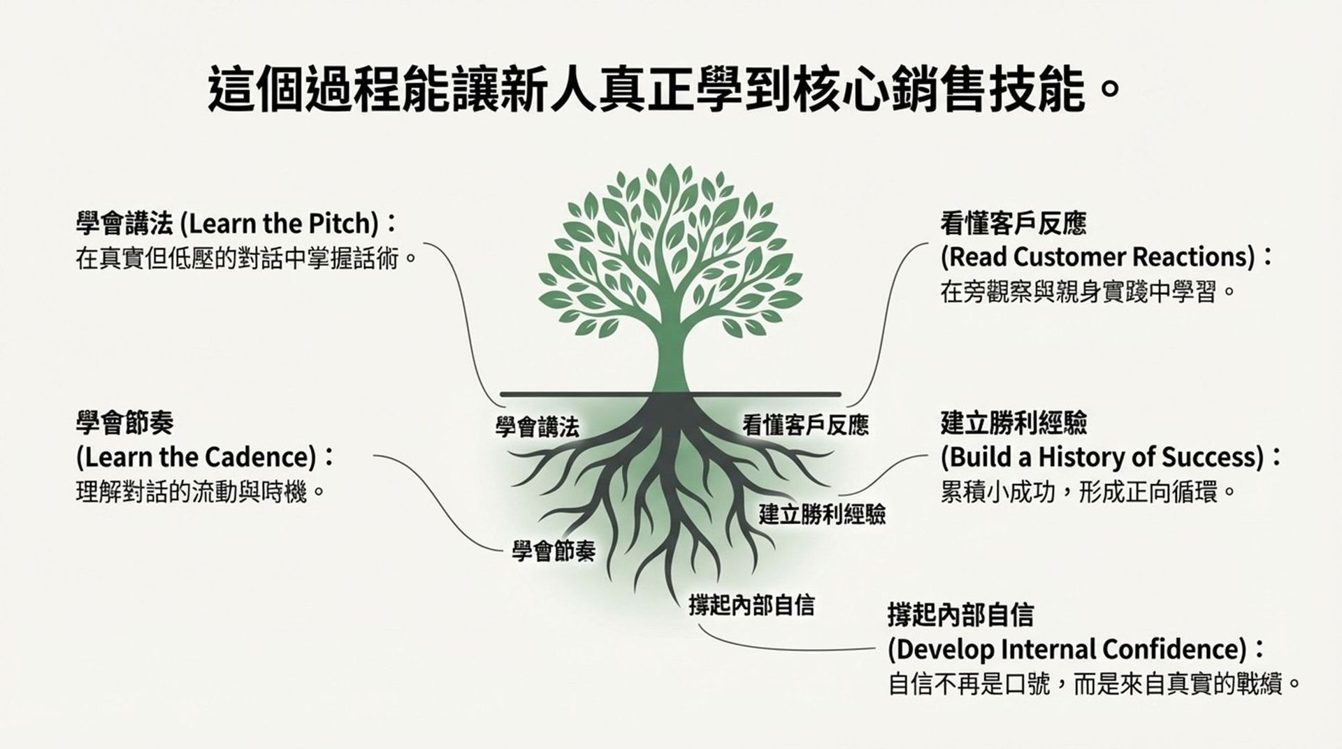 新人銷售培育流程示意圖，說明從學會講法、節奏、理解客戶反應，到建立成功經驗與內在自信的核心銷售能力養成