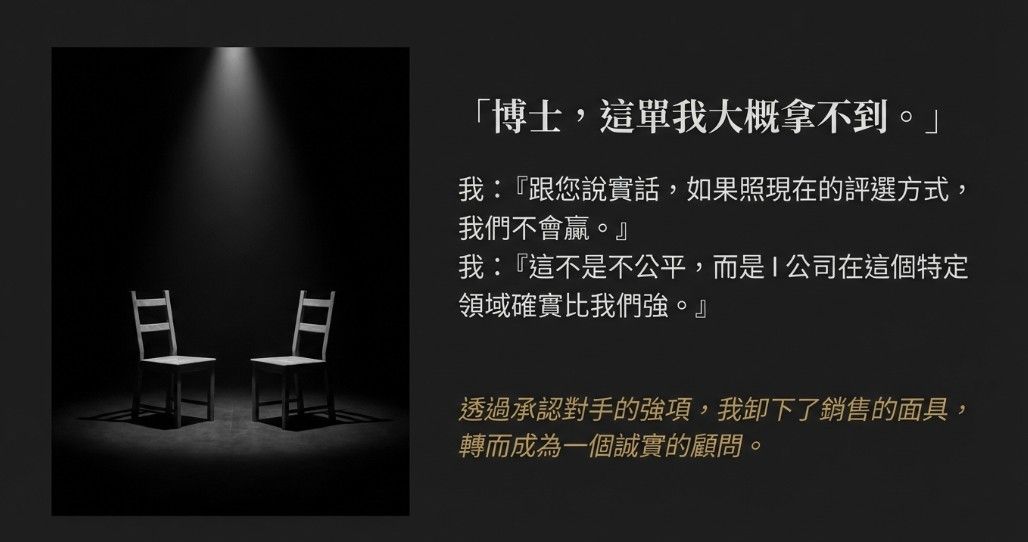黑暗舞台下兩張對坐椅子與燈光，象徵銷售對話與承認輸局的轉折時刻