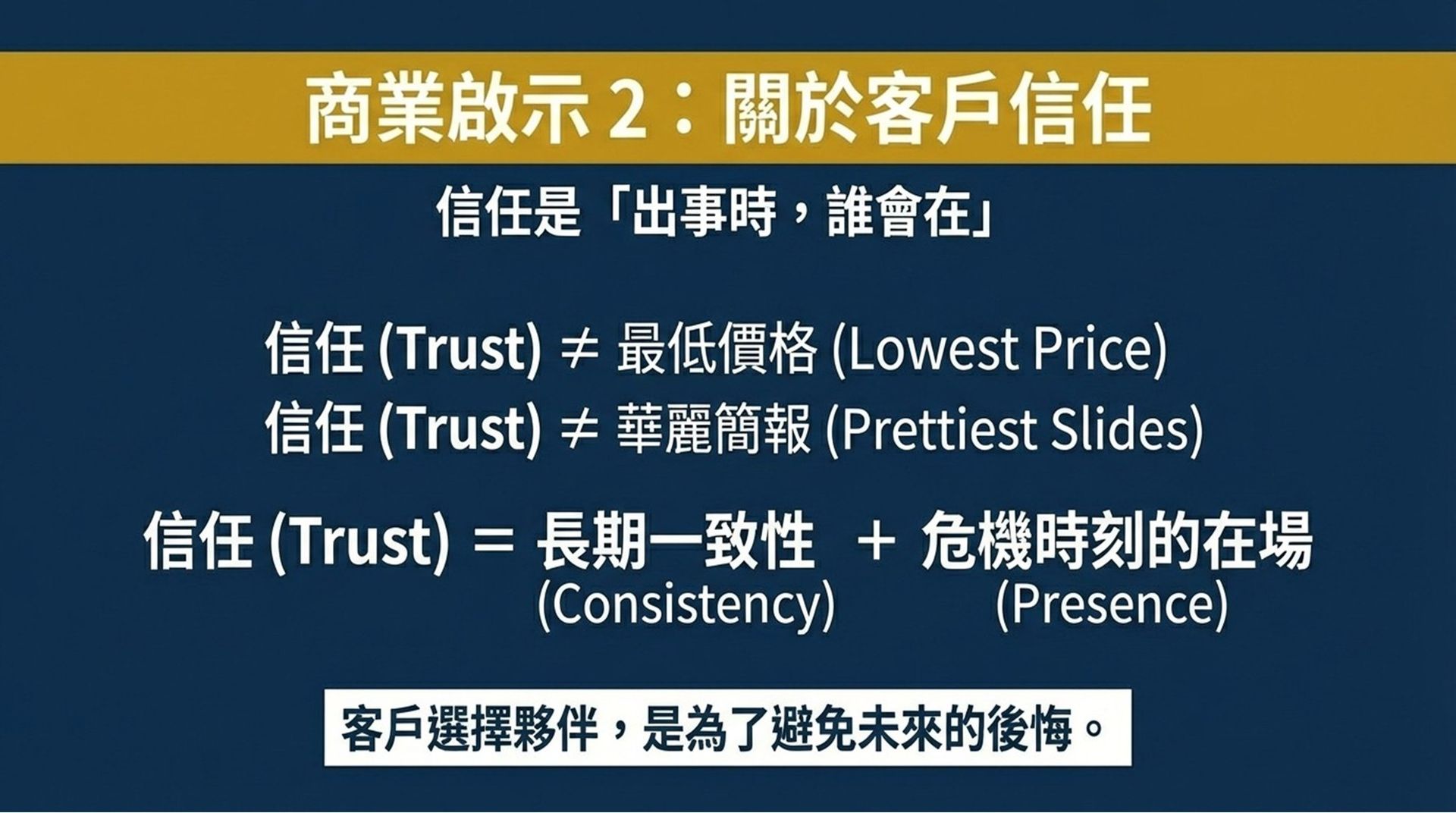 信任等於長期一致性加上危機時刻在場,而非最低價格或華麗簡報