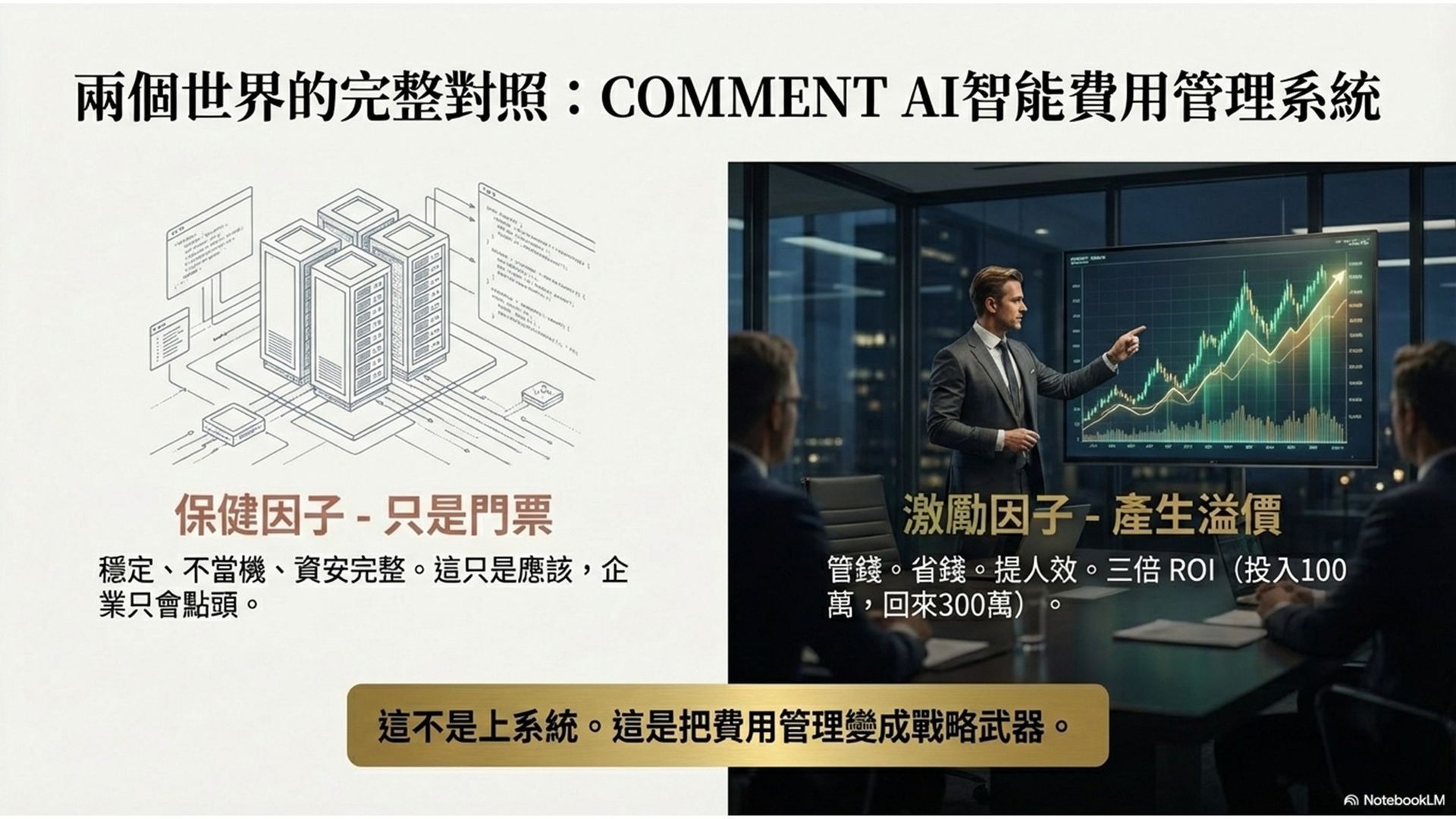 COMMENT AI智能費用管理系統示意圖,對比保健因子與激勵因子,說明穩定與資安只是門票,真正價值是管錢、省錢與三倍ROI