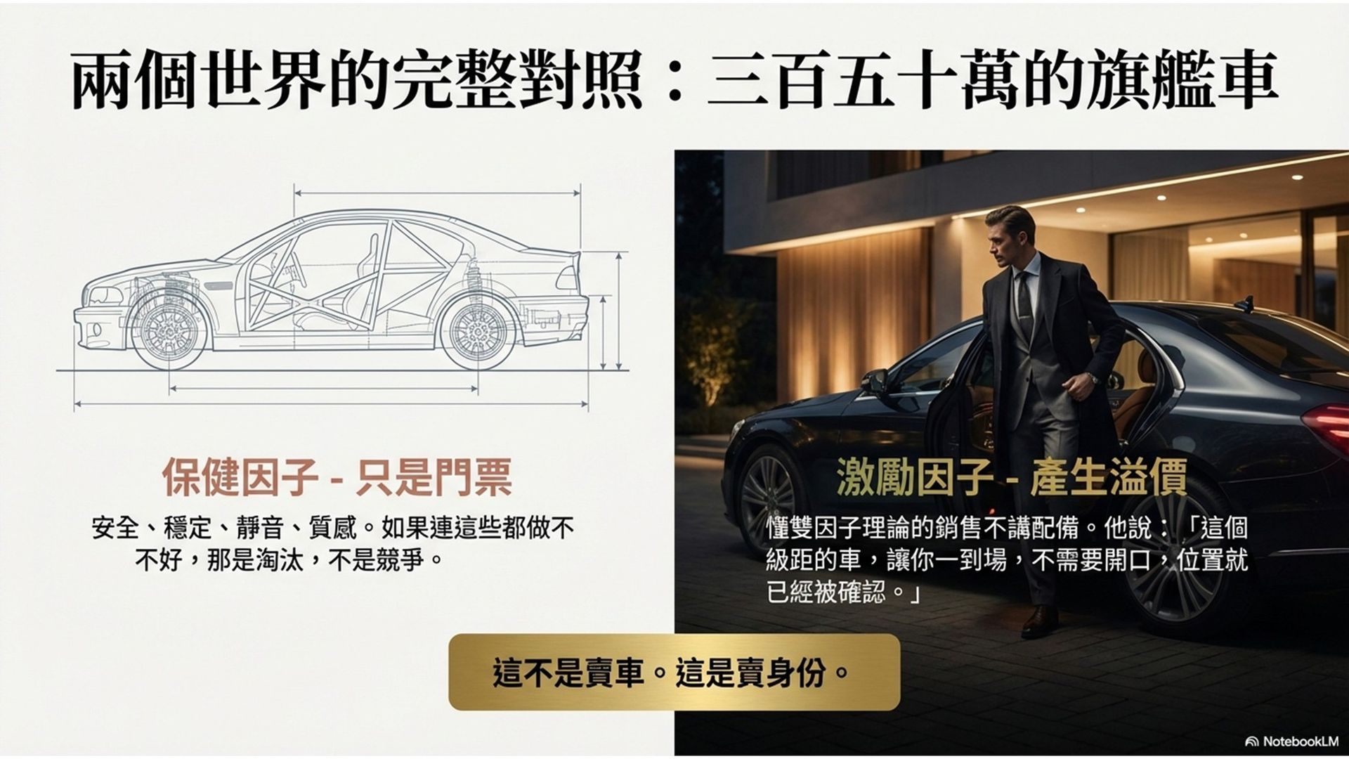 旗艦車銷售示意圖,說明保健因子與激勵因子的差異,安全與穩定只是基本,真正成交關鍵是身份與位置象徵