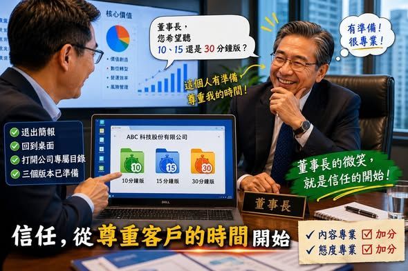業務向董事長簡報時展示不同時長版本的簡報檔案,透過周全準備與尊重客戶時間,展現專業態度並建立信任關係
