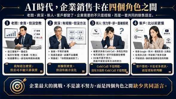 企業銷售團隊在AI時代面臨的四大困境,包括老闆沒空教、資深業務不會教、新人學不會以及客戶更專業,說明建立共同語言與銷售系統的重要性。