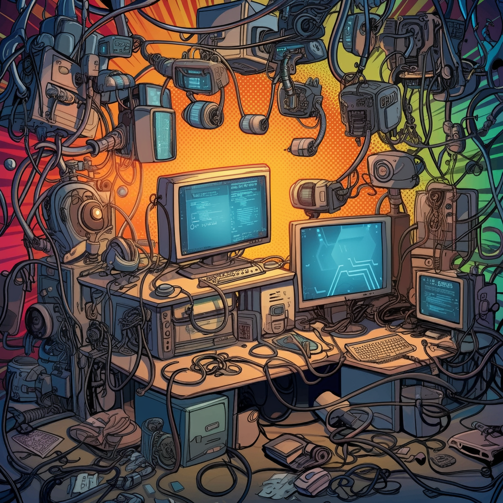 messy computer room with lots of wires. ranging from the ceiling.