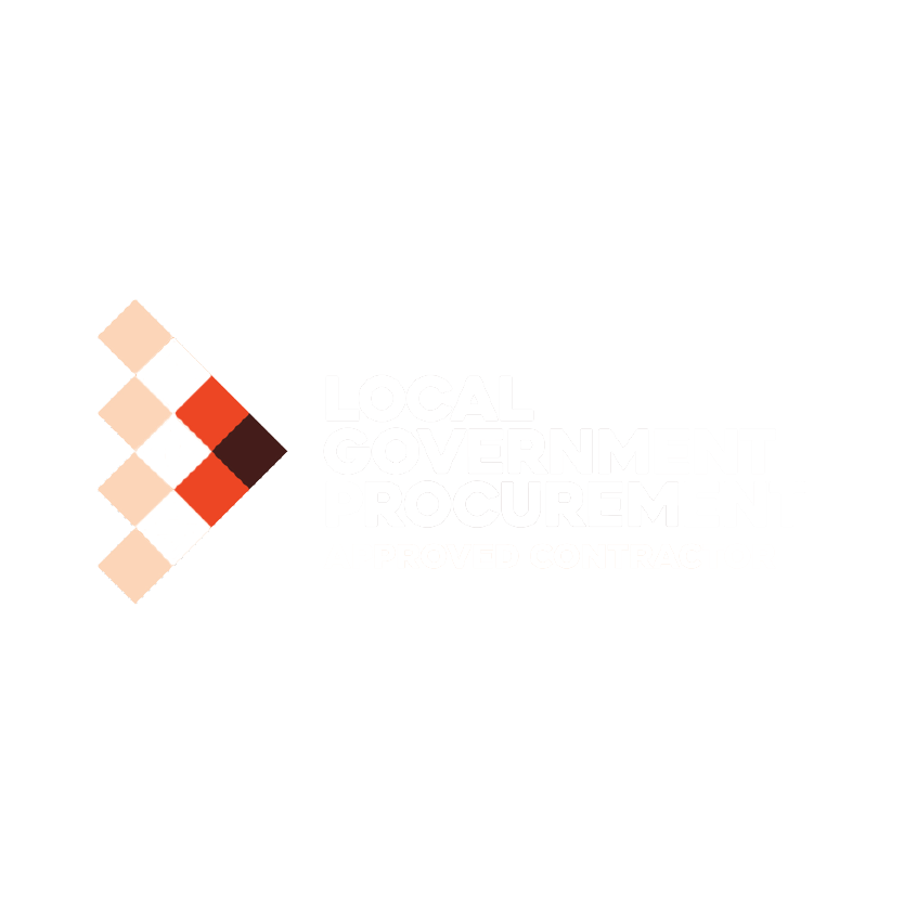 Logo of Local Government Procurement with a series of chequered diamonds in shades of brown and beige to the left, followed by the company name in a bold sans-serif typeface