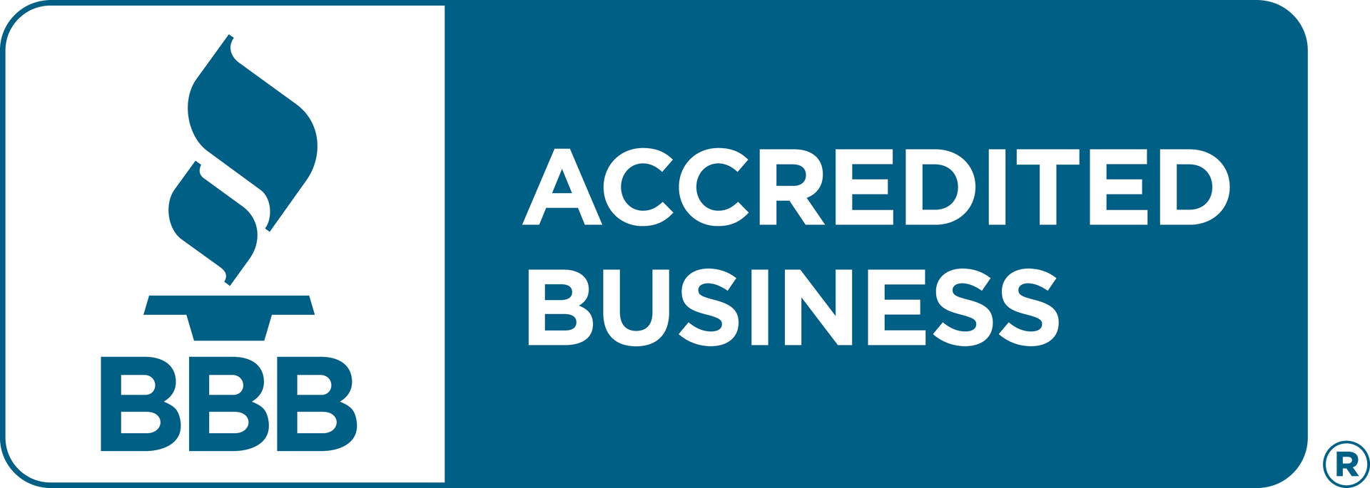 BBB Accredited Business logo, blue and white with flame icon.