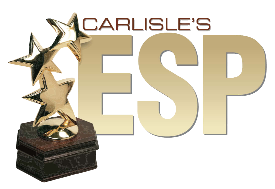 Carlisle's ESP logo with a gold star trophy. Brown, octagonal base with gold stars and large gold