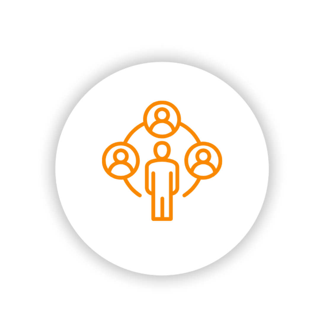 A line drawing of a man surrounded by people in a circle.