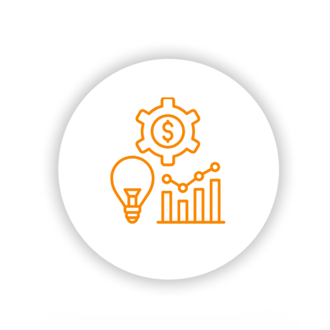 An icon of a light bulb , gear , and graph.