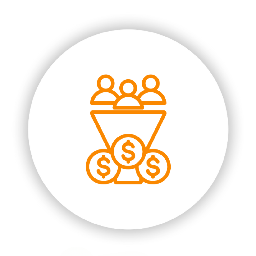 A group of people are sitting in a funnel filled with money.
