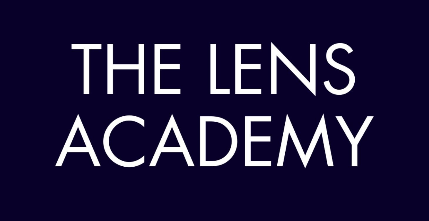The lens academy logo is on a dark blue background.