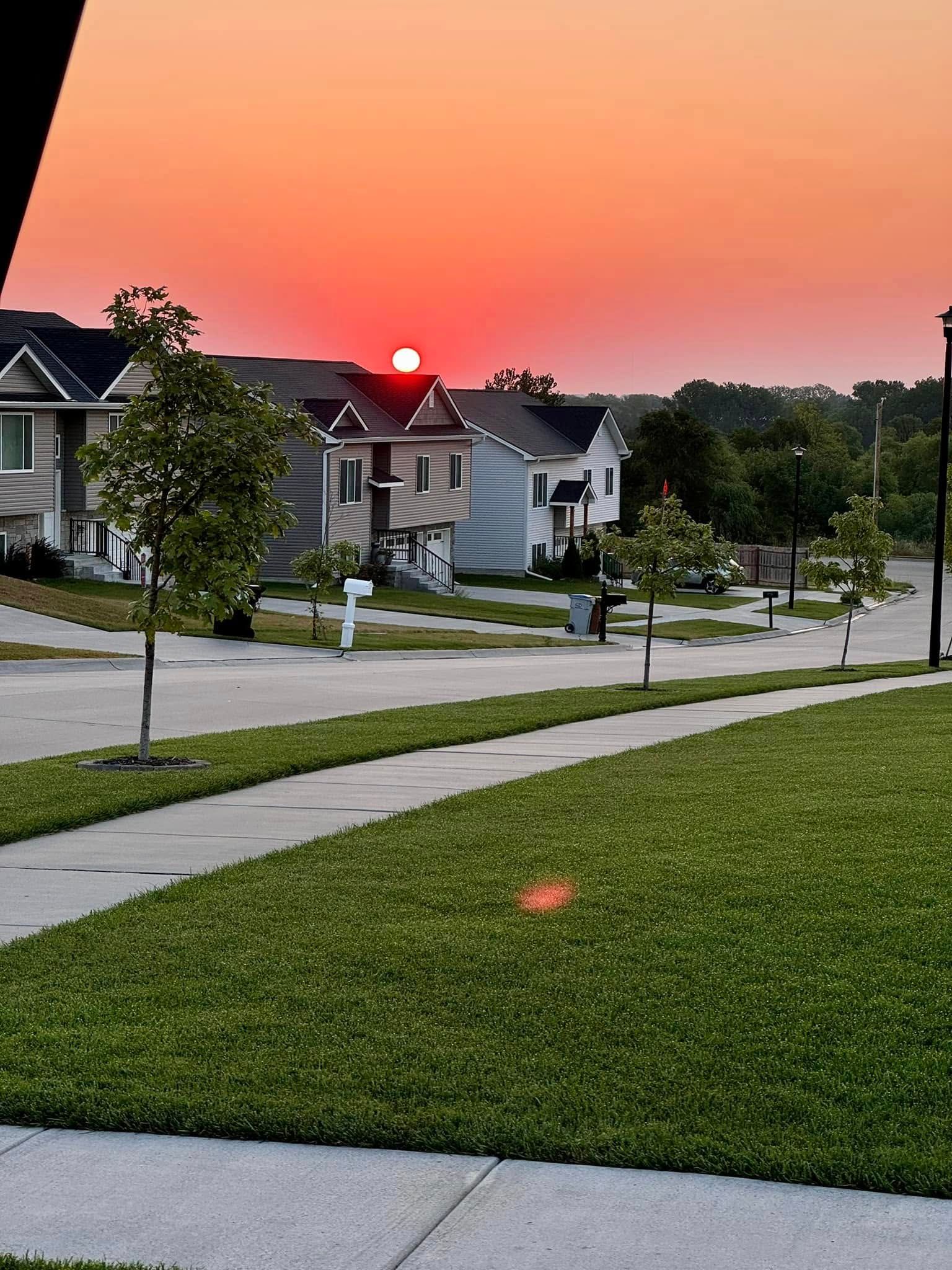 A sunset over a residential area with houses and trees