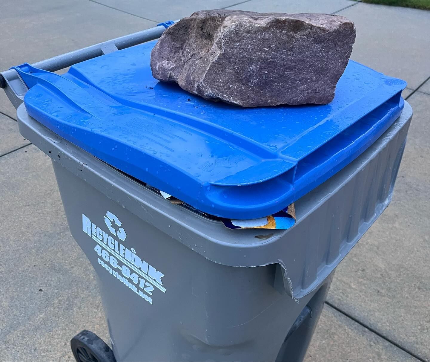 A large rock is sitting on top of a recycle bin