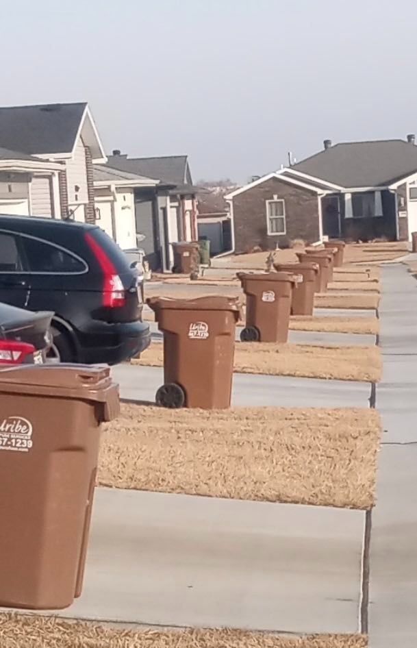 A row of brown garbage cans are lined up on a sidewalk