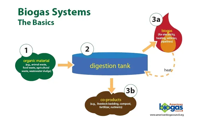 A diagram showing the basics of biogas systems