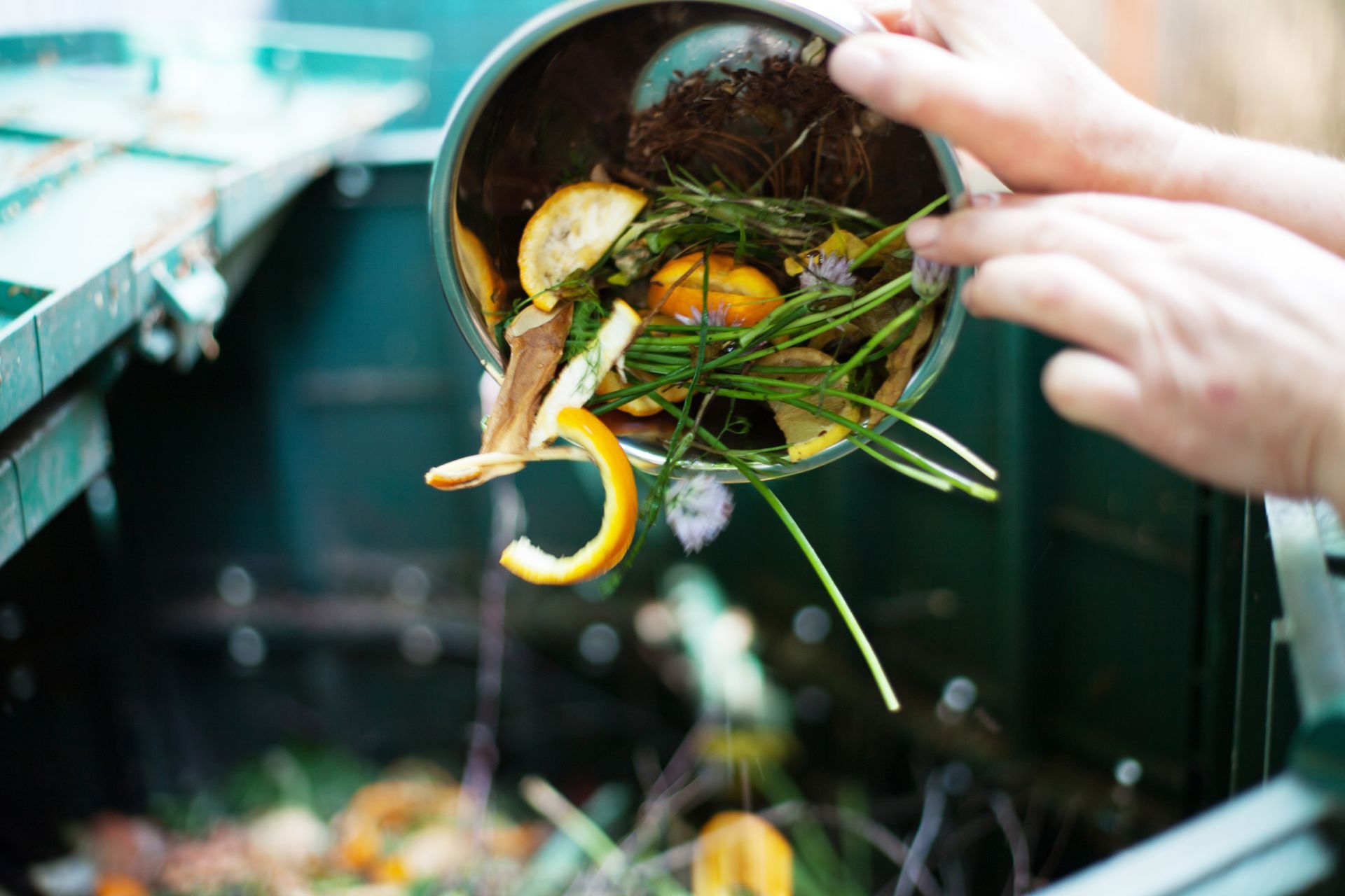 A person is pouring food scraps into a compost bin.