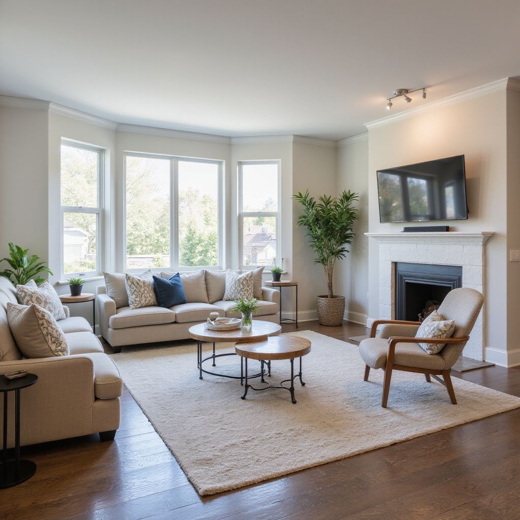 Living room with a beige sectional sofa, bay windows, fireplace, and hardwood floors.