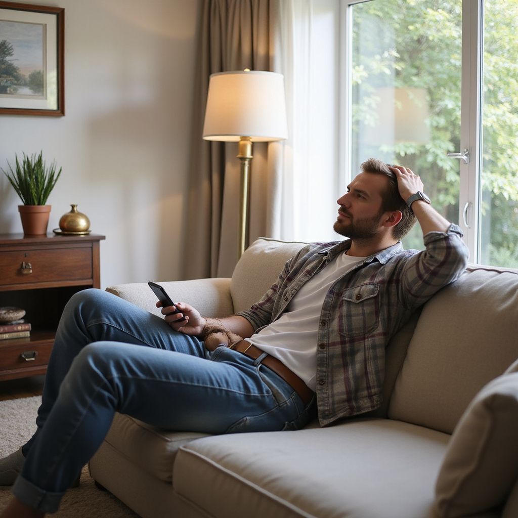 Man on couch holding phone, looking thoughtful, in living room.