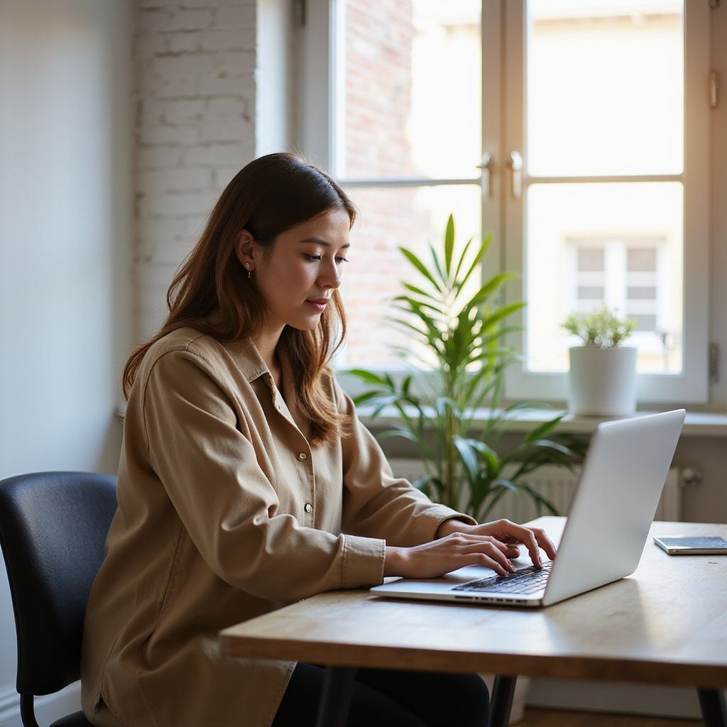 Woman types on a laptop at a wooden desk near a window with a plant, wearing a tan shirt.
