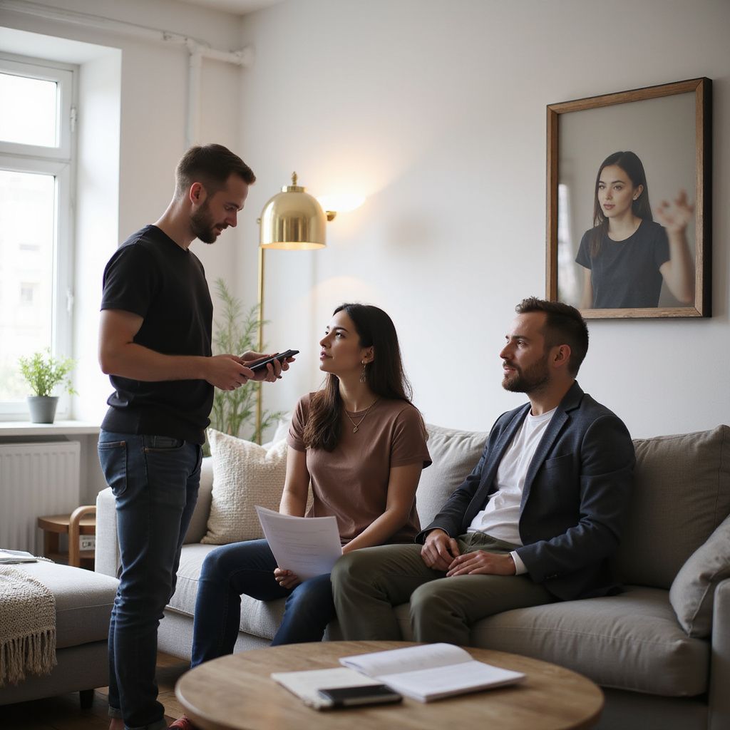A person showing a phone to a couple seated on a sofa; papers on table.