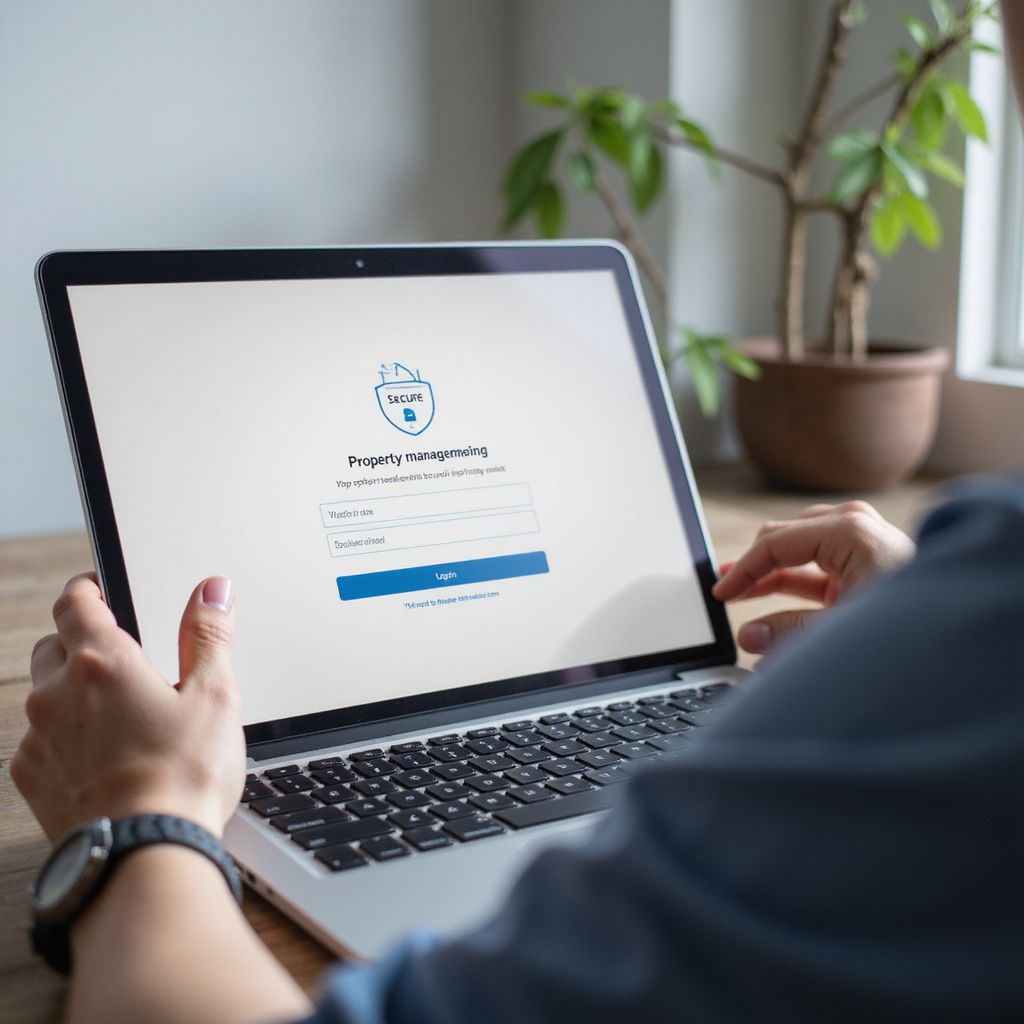 Person using a laptop, logging into a property management website.