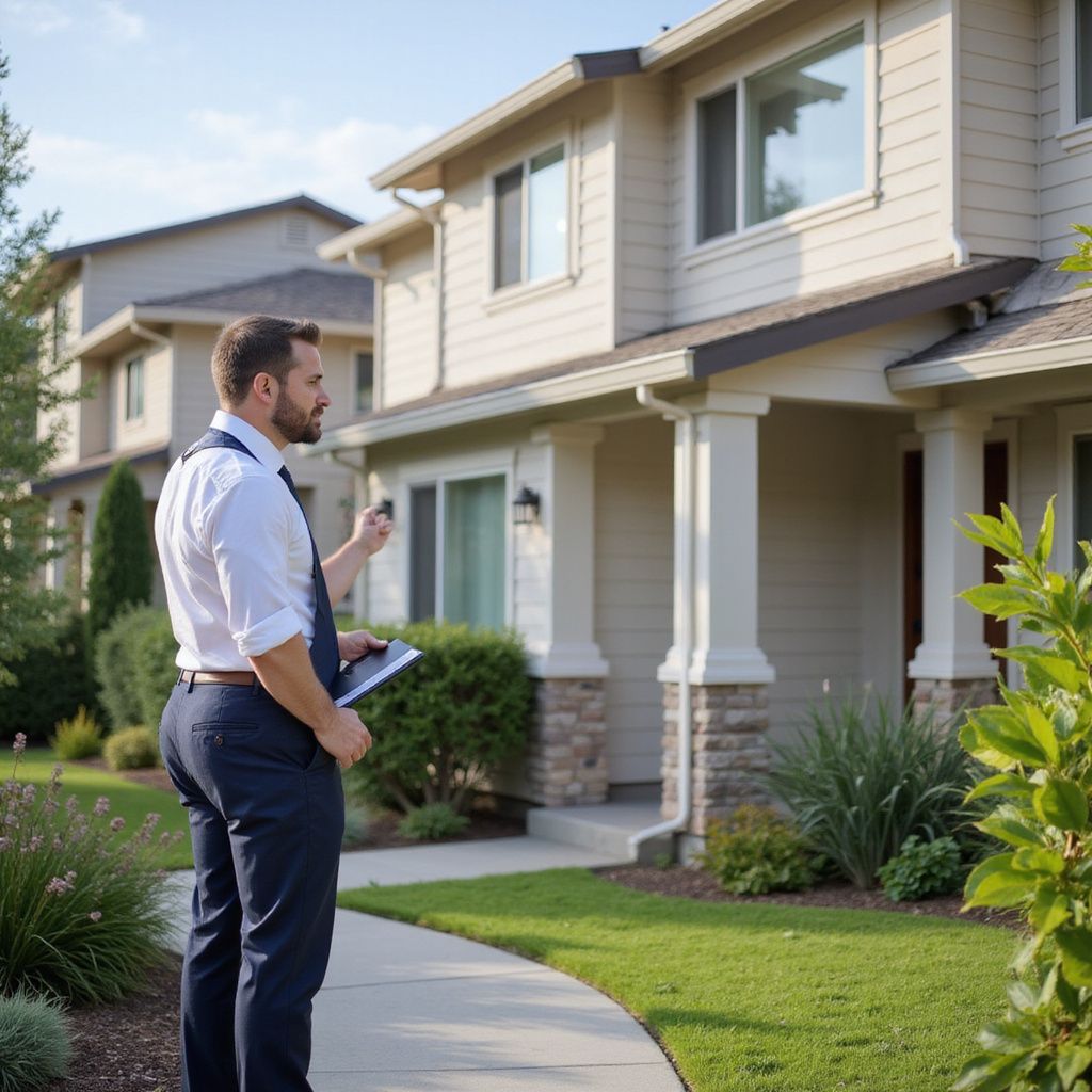 Real estate agent in a button-down shirt and tie stands in front of a house.