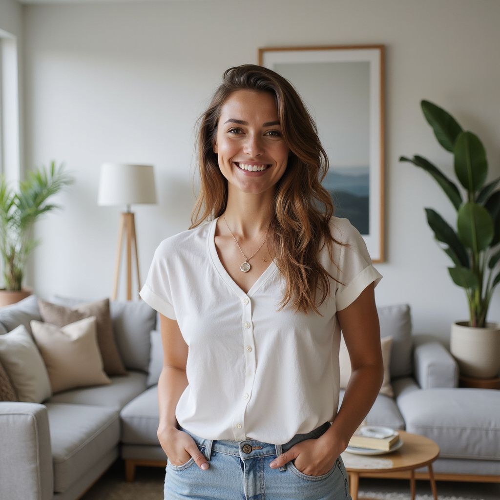 Woman smiling in a bright living room, hands in pockets, wearing white shirt and jeans.