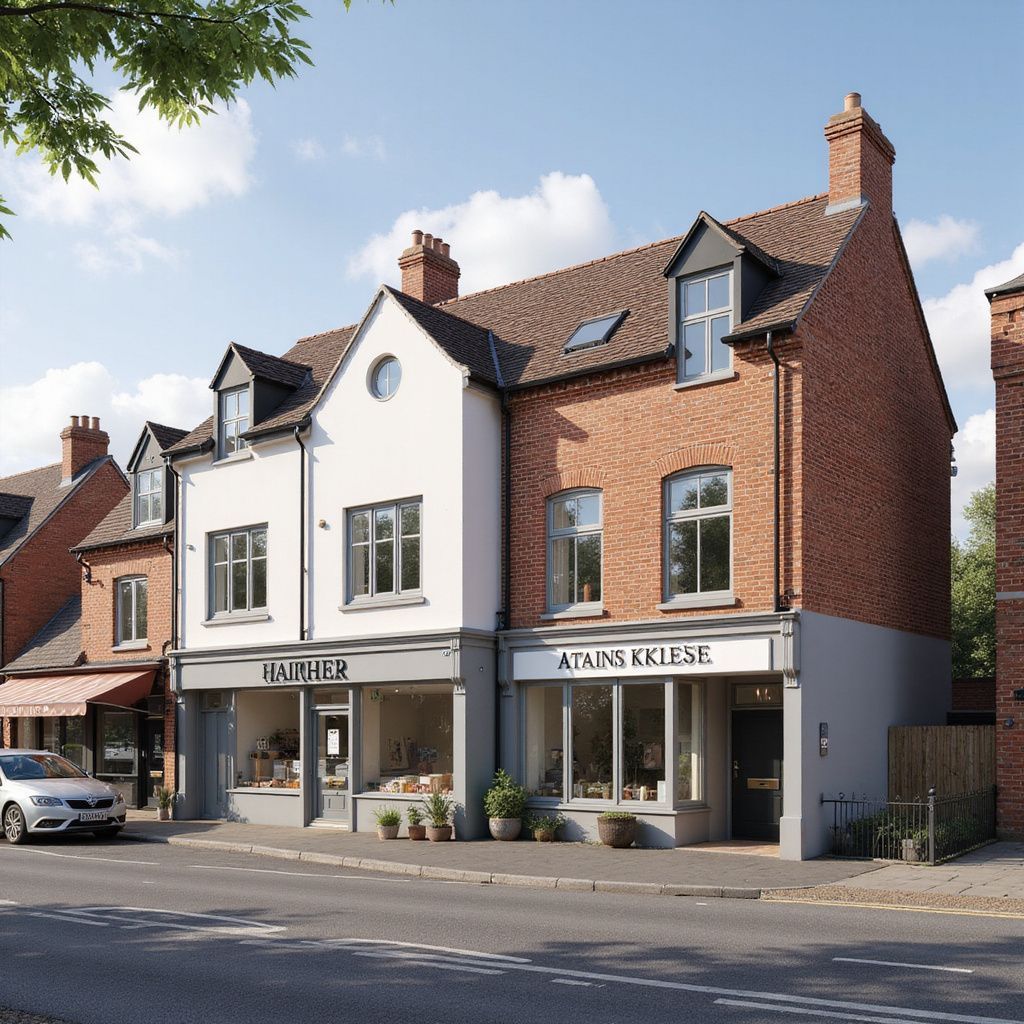 Street view of two connected brick buildings, each with storefronts and upper-floor windows.