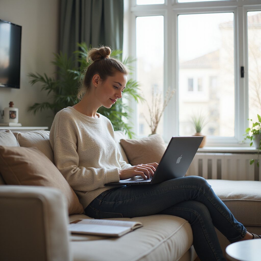 Woman sitting on a couch, typing on a laptop, in front of a window.
