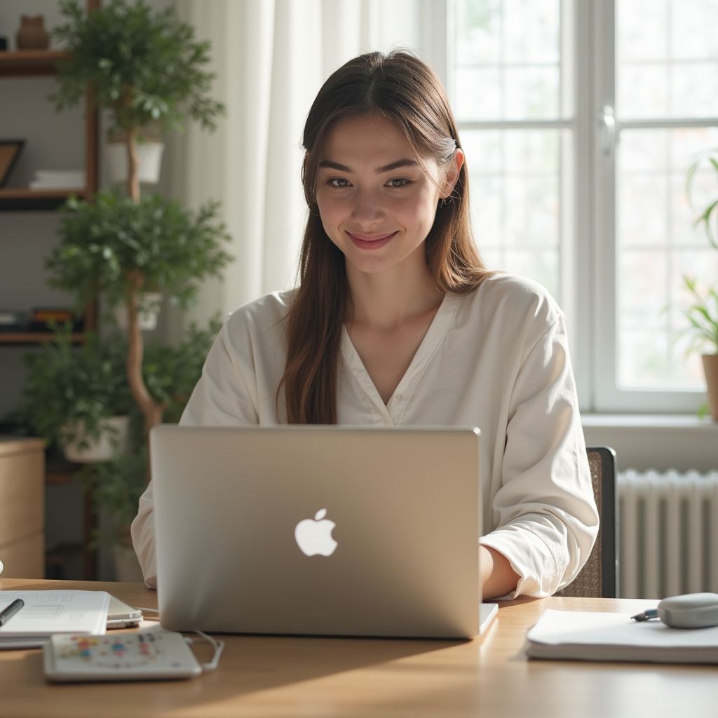 Woman seated at a wooden desk using a laptop, smiling at the camera. Bright room, natural light, plants.