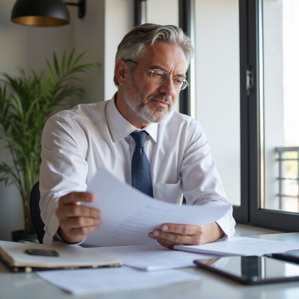 Man in white shirt and tie reviewing documents at desk near window.